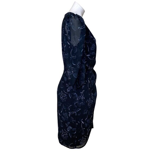 Halogen Navy Floral Wrap Dress, Sheer Puff Sleeves & Tulip Hem Women's Size M - Picture 5 of 10